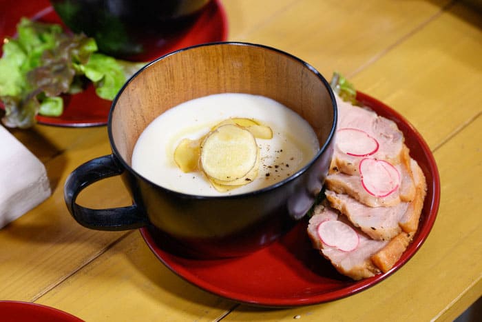 青空レストラン くわいレシピ くわいのポタージュ 塩豚添え