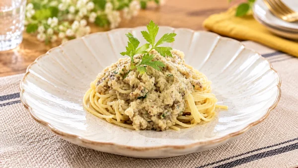 あさイチ「3つの皿・秋元さくら なすのキャビア風パスタ」